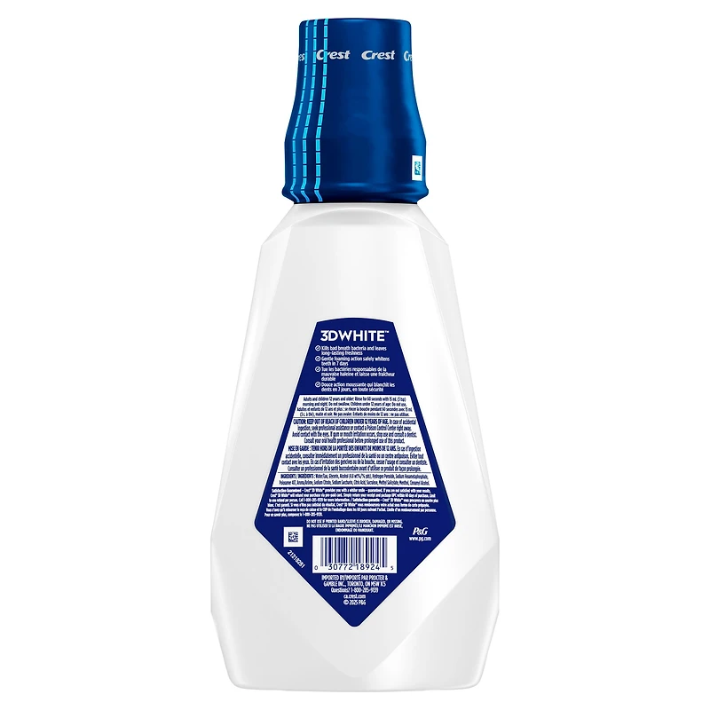 Rince-bouche blanchissant Crest3DWhite Fraîcheur, prévient les taches de surface, tue des millions de germes responsables de la mauvaise haleine, sans alcool, saveur Menthe arctique, 946mL (32ozliq.) 946ML