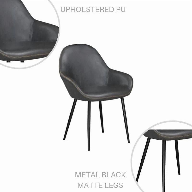 Chaise de salle à manger à accoudoirs Ani Mid-Century en noir – PU rembourré durable avec pieds noirs mats, lot de 2, parfaite pour les restaurants