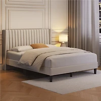 Fullfurnique Upholstered Bed Frame with Wing Side and Channel Headboard, King, Ivory
