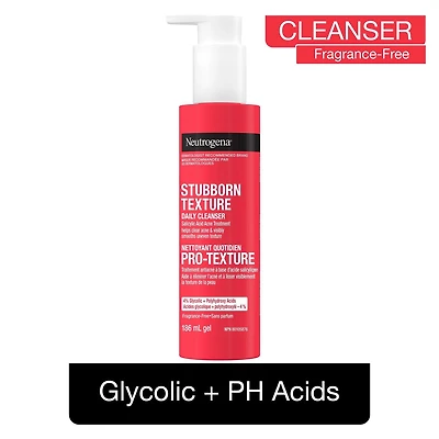 Nettoyant quotidien Neutrogena Pro-texture. Traitement antiacné. Acide salicylique, acides glycolique + polyhydroxylé. Sans parfum 186 ml