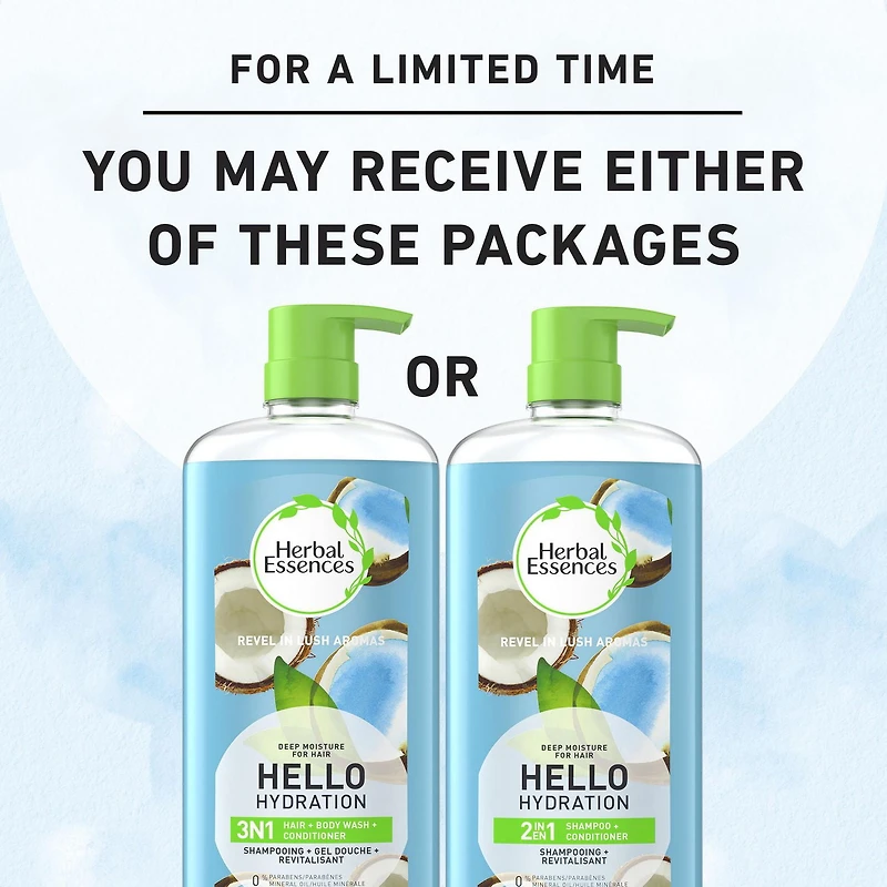 Shampooing et revitalisant 2 en 1 Herbal Essences Hello Hydration, hydratation pour les cheveux