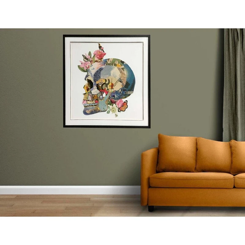 Art mural audacieux – Collage de peinture de crâne de profil (39" H x 39" L x 1,5" P), placé dans un cadre PS noir sophistiqué, présentant des détails complexes et une touche artistique audacieuse,