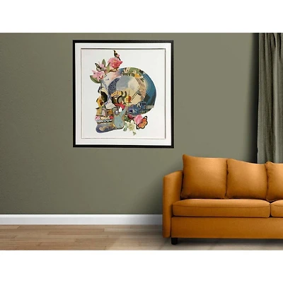 Art mural audacieux – Collage de peinture de crâne de profil (39" H x 39" L x 1,5" P), placé dans un cadre PS noir sophistiqué, présentant des détails complexes et une touche artistique audacieuse,