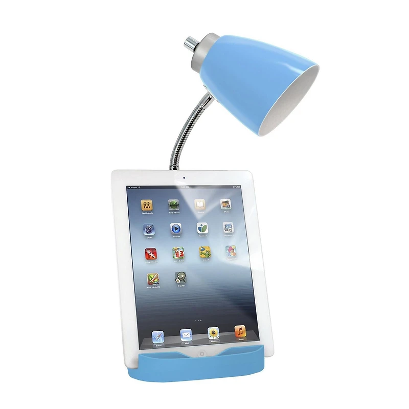 Lampe de bureau organisateur feux de la rampe à col de cygne avec support pour tablette d'iPad Porte-livre et prise de chargement, bleu
