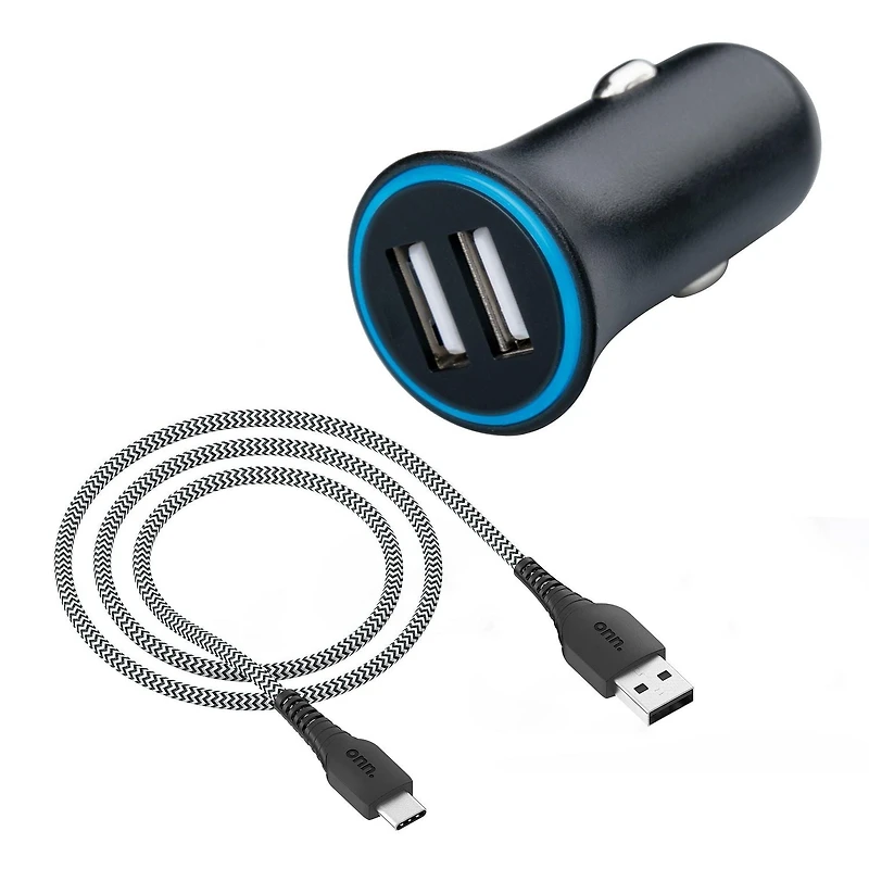 Trousse de chargement à deux ports de 2,4 A pour la voiture avec câble USB vers USB-C de 0,9 m (3 pi) de onn.
