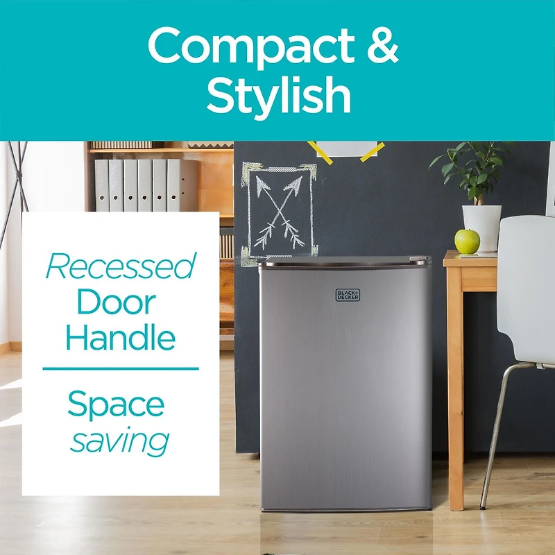 Black + Decker BCRK25V Réfrigérateur compact Energy Star Mini-réfrigérateur à porte unique avec congélateur, pieds cubes, VCM, 2,5 pieds cubes, finition en métal brossé, gris