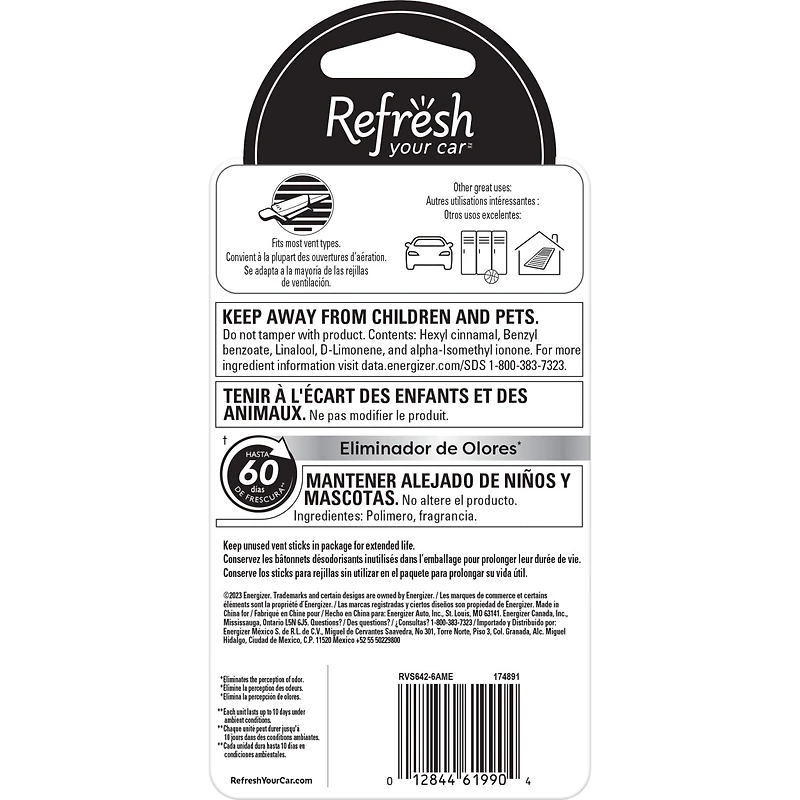 Refresh Your Car Air Freshener Vent Sticks, Coastal Rush Scent, 6 Pack ENERGIZER RYC COASTRUS 6PAQ