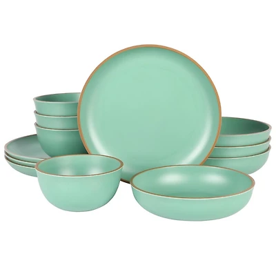 Gibson Home Rockabye 12 Piece Double Bowl Melamine Dinnerware Set, Matte Green