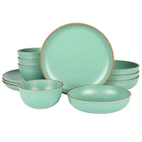 Gibson Home Rockabye 12 Piece Double Bowl Melamine Dinnerware Set, Matte Green