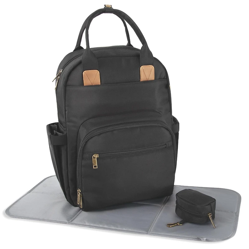 Baby Essentials ‘The Essential’ Multi-Pocket Mesh Padded Back Baby Diaper Bag Backpack with Insulated Bottle Pockets, Detachable Pacifier Pouch and Stroller Straps in Black