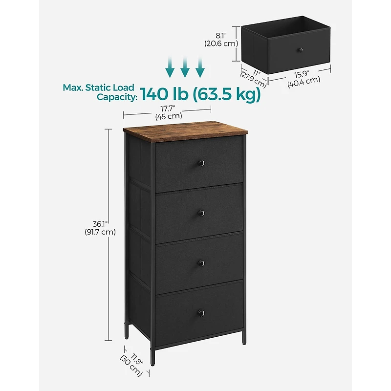 SONGMICS HOME Dresser for Bedroom, Fabric Dresser with 4 Drawers, Metal Frame, Small Chest of Drawers