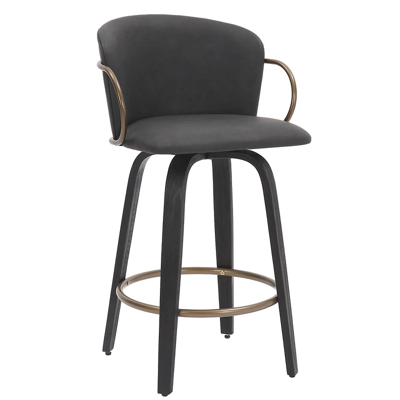 Mid-Century Faux Leather, Wood and Metal 26" Counter Stool with Swivel, Set of 2 - Charcoal, Black and Aged Gold
