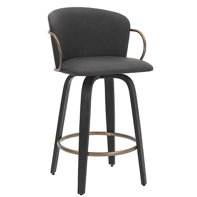 Mid-Century Faux Leather, Wood and Metal 26" Counter Stool with Swivel, Set of 2 - Charcoal, Black and Aged Gold