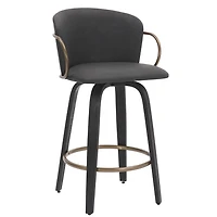 Mid-Century Faux Leather, Wood and Metal 26" Counter Stool with Swivel, Set of 2 - Charcoal, Black and Aged Gold