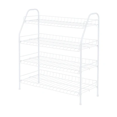 Étagère à chaussures et accessoires en métal blanc à 4 niveaux MAINSTAYS, peut contenir jusqu'à 12 paires, étagère métallique à 4 niveaux Taille du produit assemblé: 65,3 cm x 29,5 cm x 70,6 cm; Revêtement blanc