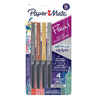 Stylos-feutres à pointes métalliques Paper Mate Flair, lumières de la ville, encre scintillante brille sur papier blanc, couleurs assorties