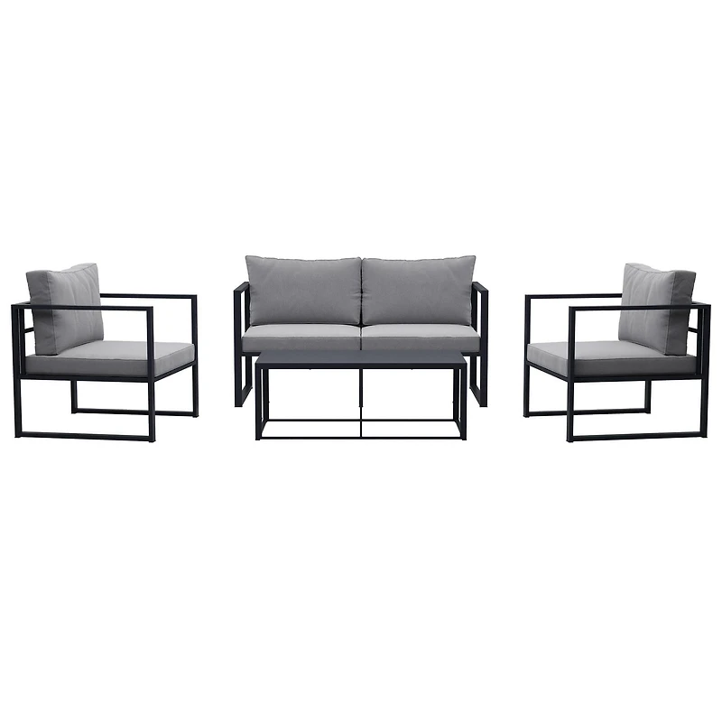 CorLiving Delia 4-Piece Rust Resistant Heavy-Duty Steel Frame Patio Conversation Set with Chairs and Loveseat with Cushions, and Coffee Table