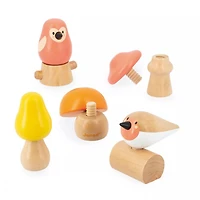 Janod - Birds and Mushrooms Screw On - Stacking and Building Toy - Manipulation and Handling Game - Wood - Early-Learning - For Babies and Toddlers - From 18 Months - J08643