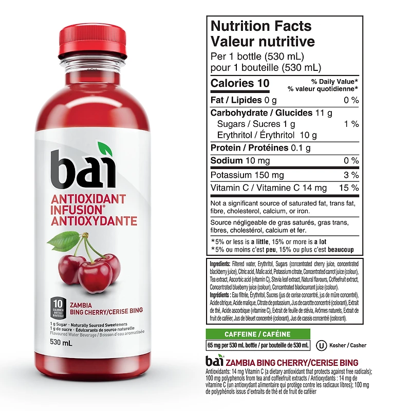 Bai Antioxidant Infusion Low Calorie Beverage, Zambia Bing Cherry, 530 mL