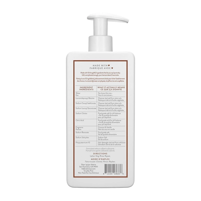 Shampooing hydratant Native Noix de coco et vanille, sans sulfate, sans parabènes 487 ml