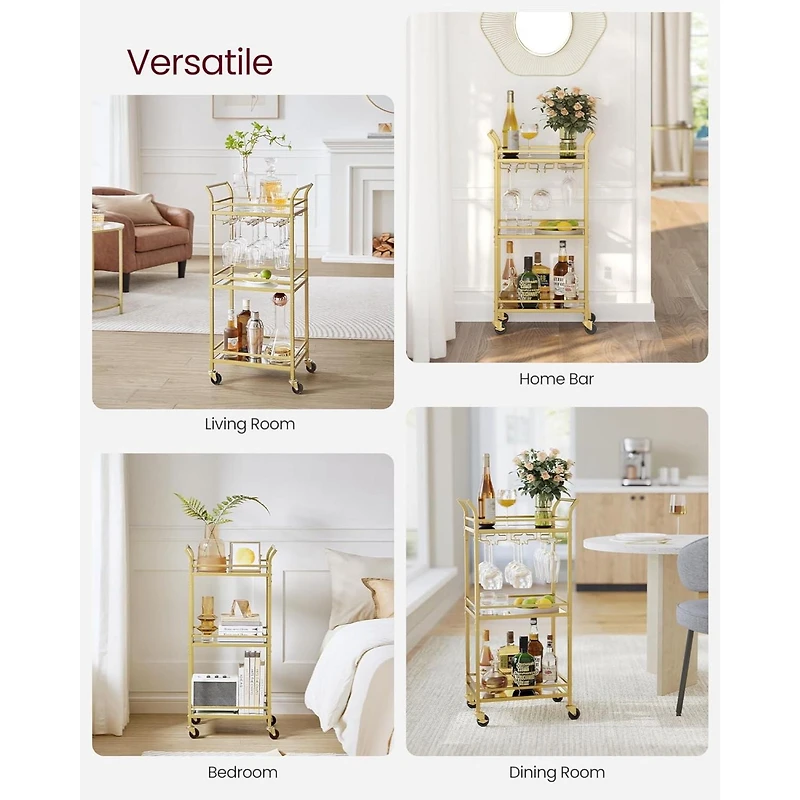 Boutique Home Tempered Glass Gold Bar Serving Cart