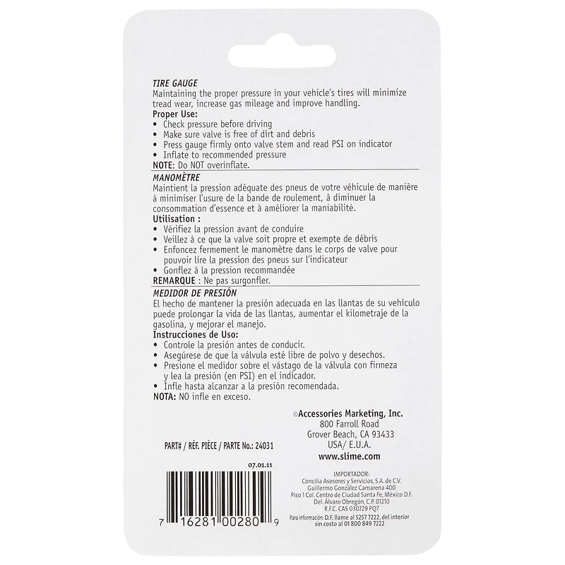 Manomètre pour pneu de Slime 5-60 PSI