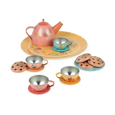 Janod - Metal Tea Set Dinnerware - 15 Pieces - Motor Skills Development Toy - Early-Learning - Pretend and Imaginative Play - for Toddlers - from 3 Years +