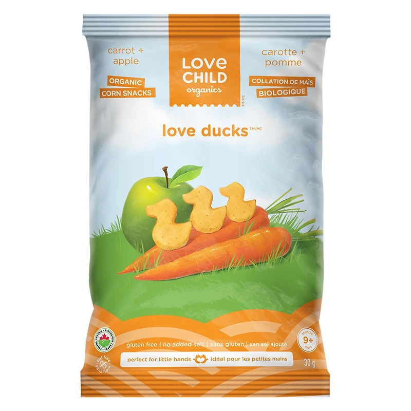 Love Child Organics Love Ducks Carrot + Apple Corn Snacks 30g Bag, 30 g