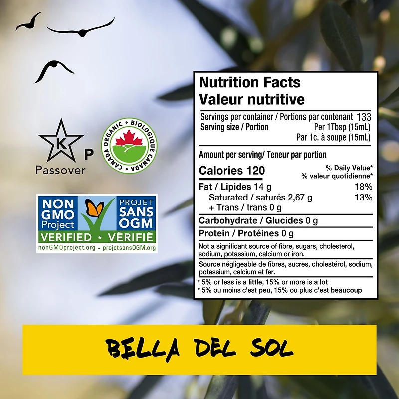 Bella Del Sol Huile D'Olive Extra Vierge Biologique 750ml Premium – Première pression à froid
