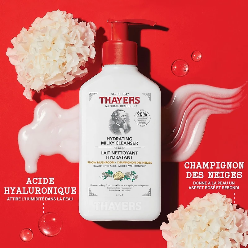 THAYERS Hydrating Milky Cleanser with Hyaluronic Acid and Snow Mushroom, Natural Facial Cleanser, For All Skin Types, 237mL, THAYERS Hydrating Milky Cleanser