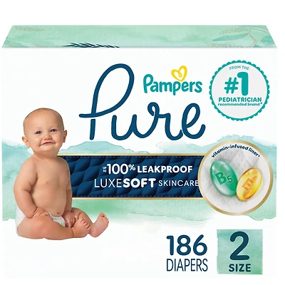 Pampers Pure Baby Diapers, Size 2 (12-18 lbs), 186, Up to 100% Leakproof, Premium Hypoallergenic Soft Diapers
