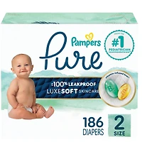 Pampers Pure Baby Diapers, Size 2 (12-18 lbs), 186, Up to 100% Leakproof, Premium Hypoallergenic Soft Diapers