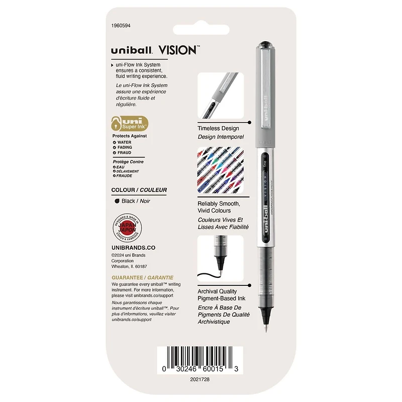 uniball™ Vision Rollerball Pens, Fine Point (0.7mm), Black, 4 Pack, Vision Rollerball .7 Blk 4pk
