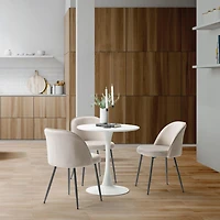 Ensemble de table à manger ronde moderne en marbre blanc CorLiving Ivo 4 pièces avec chaises rembourrées en velours pour 3 personnes - Table à manger et chaises compactes 4 pièces - Ensemble table et