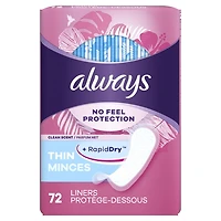 Protège-dessous quotidiens Always Thin protection imperceptible, degré d’absorption régulier, parfumés, 72 protège-dessous 72CT