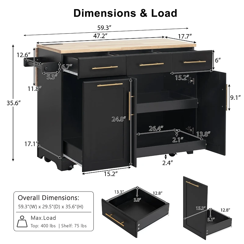 Chariot de cuisine Homy Casa avec tiroirs, plan de travail pliable et station de charge - Noir