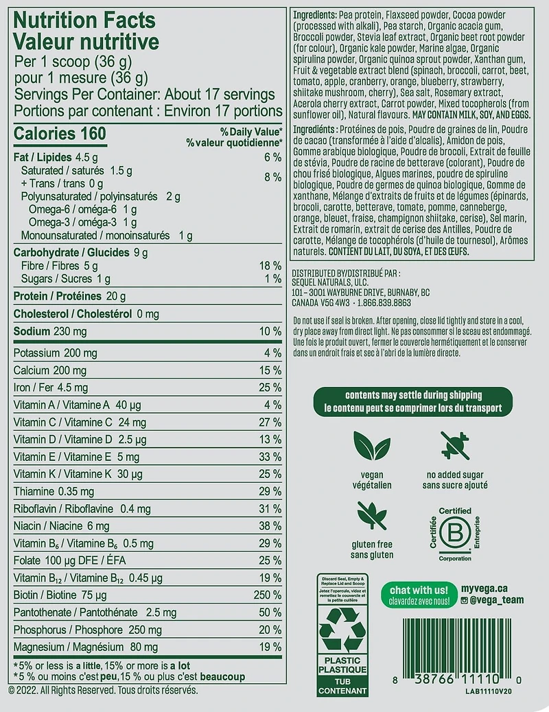 Vega Essentials Plant-Based Protein Powder, Chocolate, 17 Servings, 613g