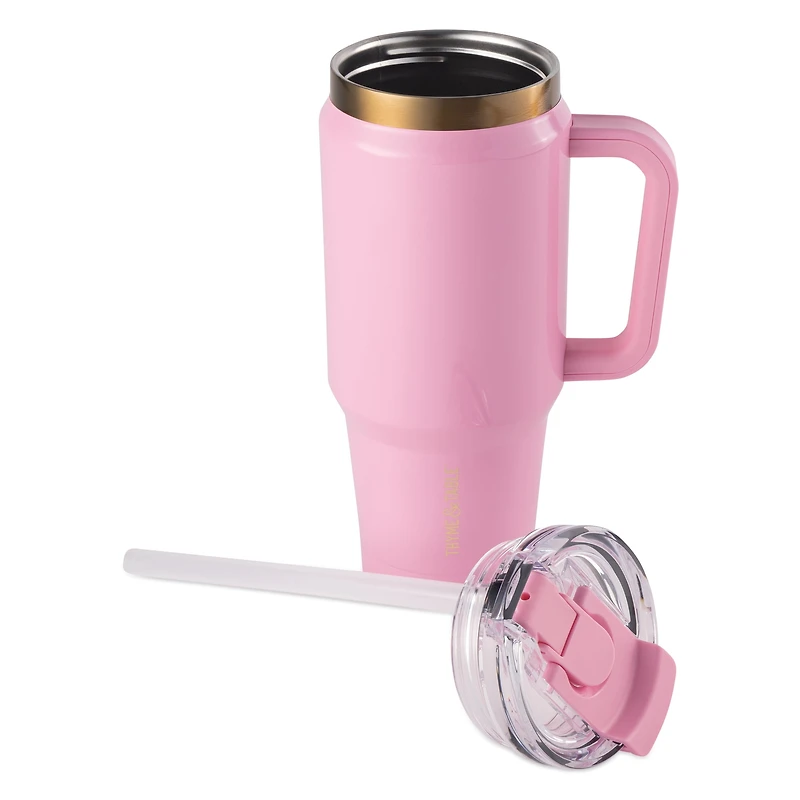 Thyme & Table 26 oz Water Bottle with Straw Lid, Pink with Heart Gold Charm