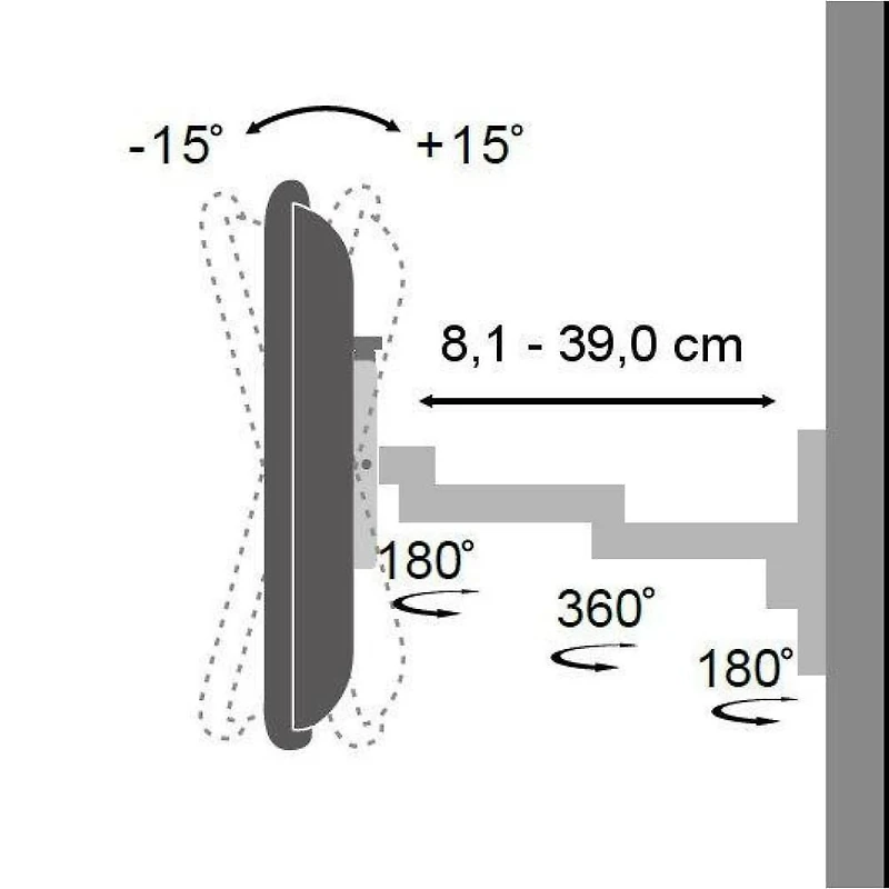 Techly 13" to 30" Tilt/Swivel LCD/LED TV Wall Mount 3 Joints Tilt +/-12° 180° Horizontally VESA up to 100x100 mm, Black