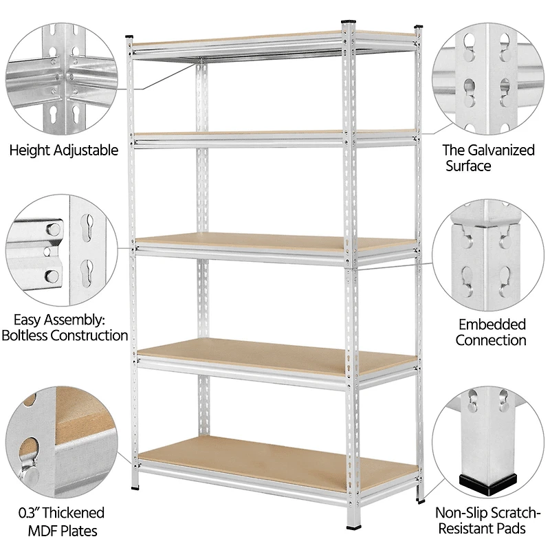 Fullfurnique 73.5″ Height 5 Tiers Adjustable Boltless Storage Shelf, Silver