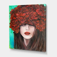 Designart Portrait d'une jeune femme aux fleurs rouges Art mural sur toile
