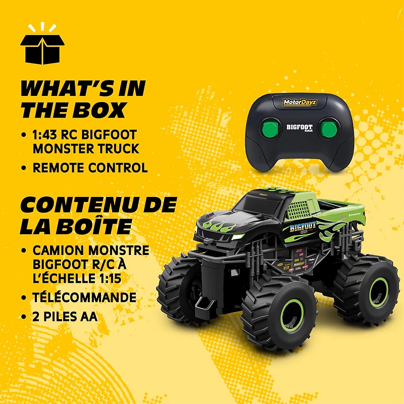 Motor Dayz R/C Bigfoot Monster Truck Green Flames 1/43e, avec lumières DEL, technologie 2,4GHz, pour enfants de 4 ans et plus MD CAMION BIGFOOT 1:43