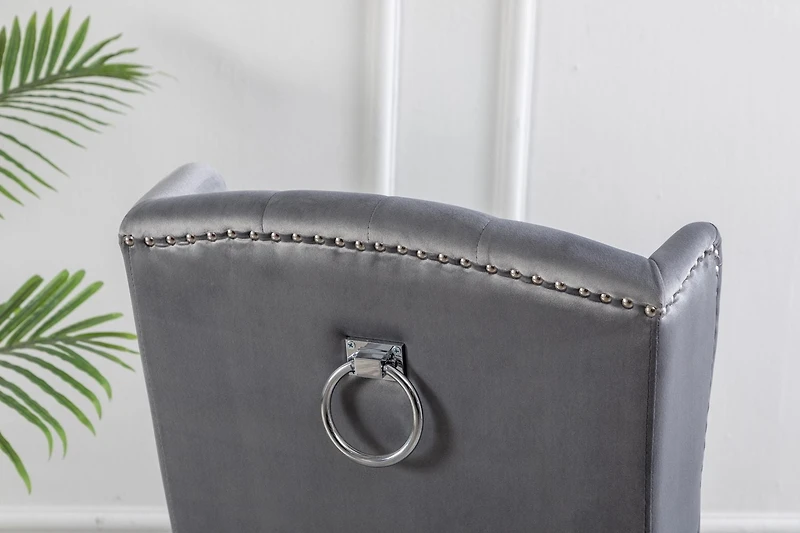 CHAISES K-LIVING FILA EN VELOURS TOUFFETÉ DE COULEUR GRIS AVEC PIEDS EN ACIER INOXYDABLE ET POIGNÉE ARRIÈRE ROBUSTE (2 CHAISES)