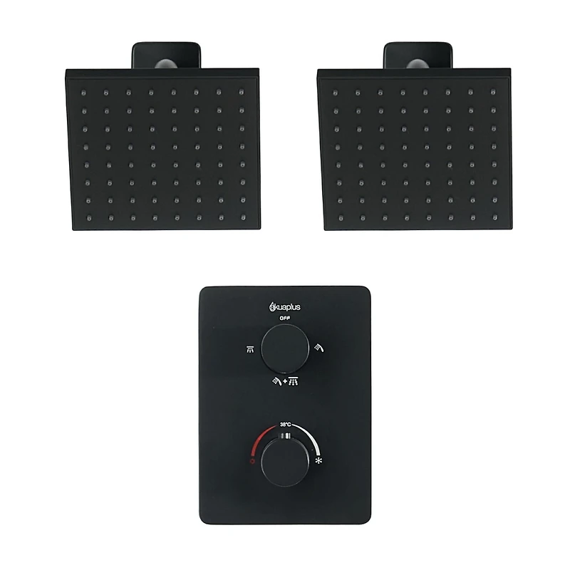 The akuaplus® thermostatic shower set with 4-way diverter with stop and 2 shower heads 6 inches matte black finish
