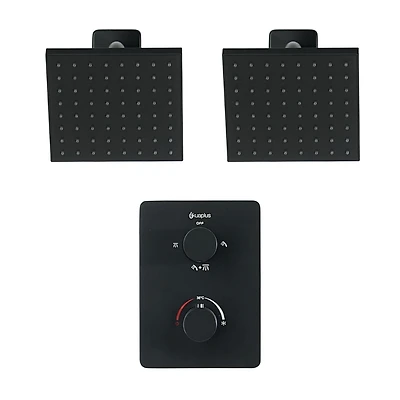 The akuaplus® thermostatic shower set with 4-way diverter with stop and 2 shower heads 6 inches matte black finish