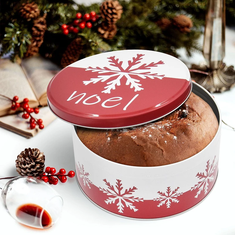 Boîte de rangement ronde en étain pour cadeaux de Noël, motif flocon de neige rouge, grande taille, 7,9 x 7,9 x 3,9 pouces, 1 pièce
