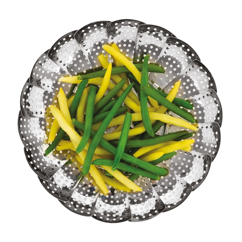 Starfrit Marguerite à Légumes en AcierIinoxydable, Repliable, Poignée Amovible et Extensible, Pieds en Silicone, Compatible avec le Lave-Vaisselle