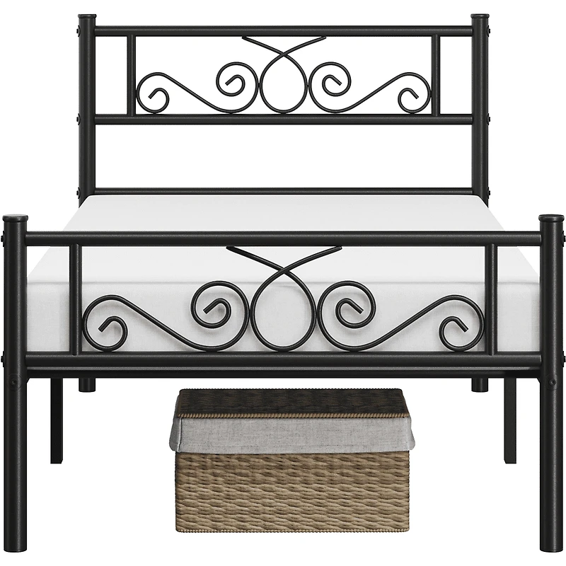 FullFurnique Graceful Scroll Metal Platform Bed Twin Bed with Headboard and Footboard for Adult, Black
