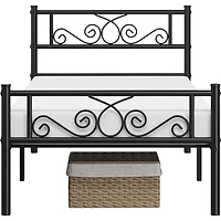 FullFurnique Graceful Scroll Metal Platform Bed Twin Bed with Headboard and Footboard for Adult, Black