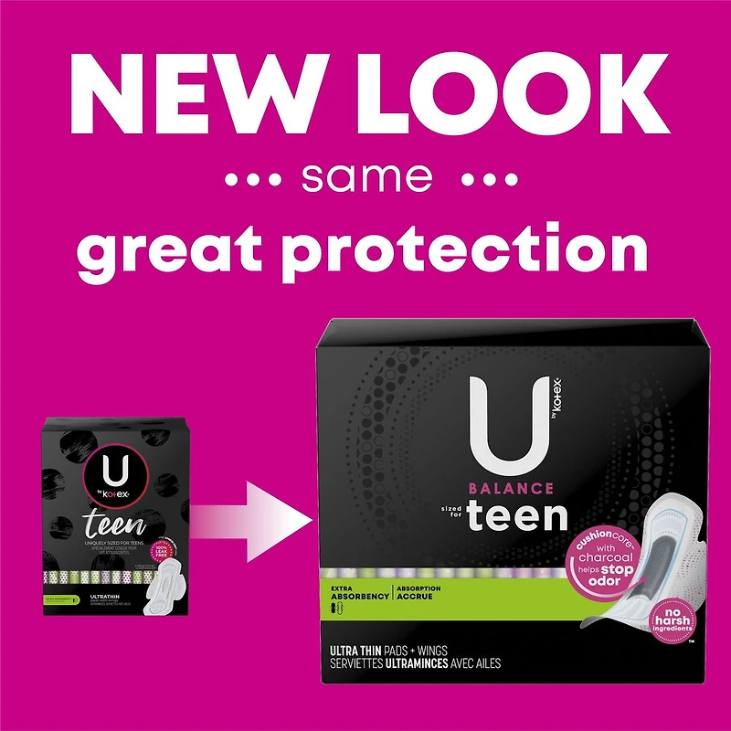 U by Kotex Balance Sized for Teens Ultra Thin Pads with Wings, Extra Absorbency, 40 Count, UBK PAD 40